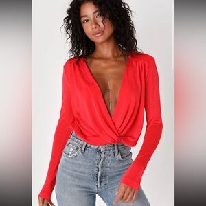 Free People Vibrant Red Wrap Blouse size Large